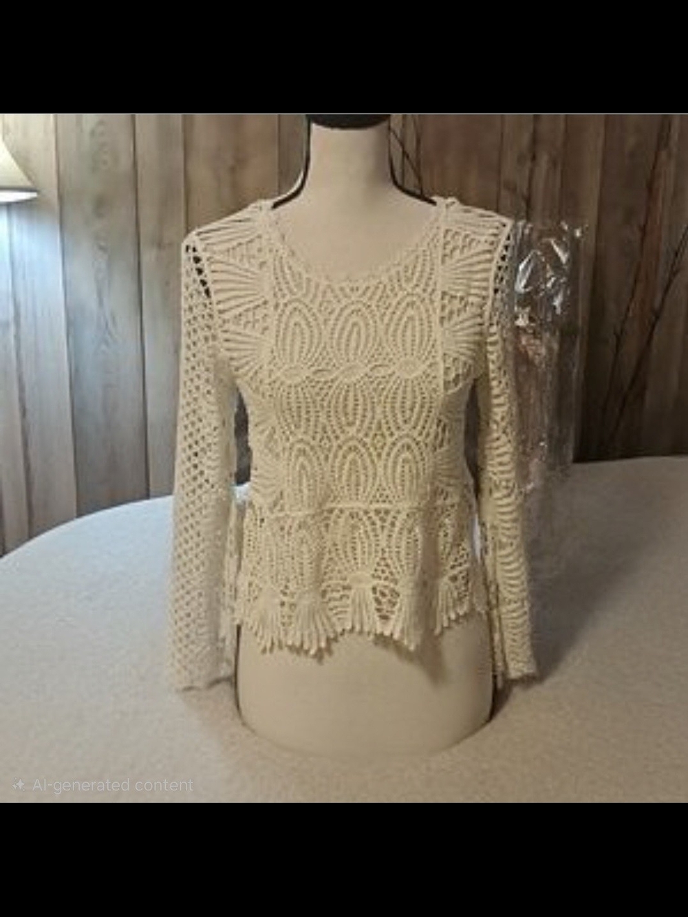 cream-colored top is a Rebellion Again long-sleeve cotton crochet garment featur